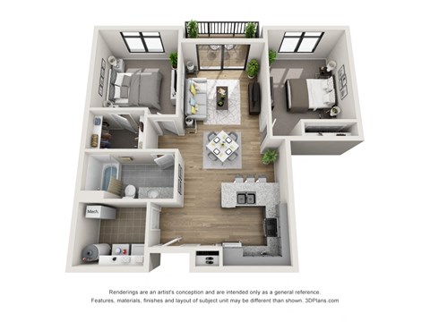 Floor plan for 2 beds, 1 bath, 993 sqft